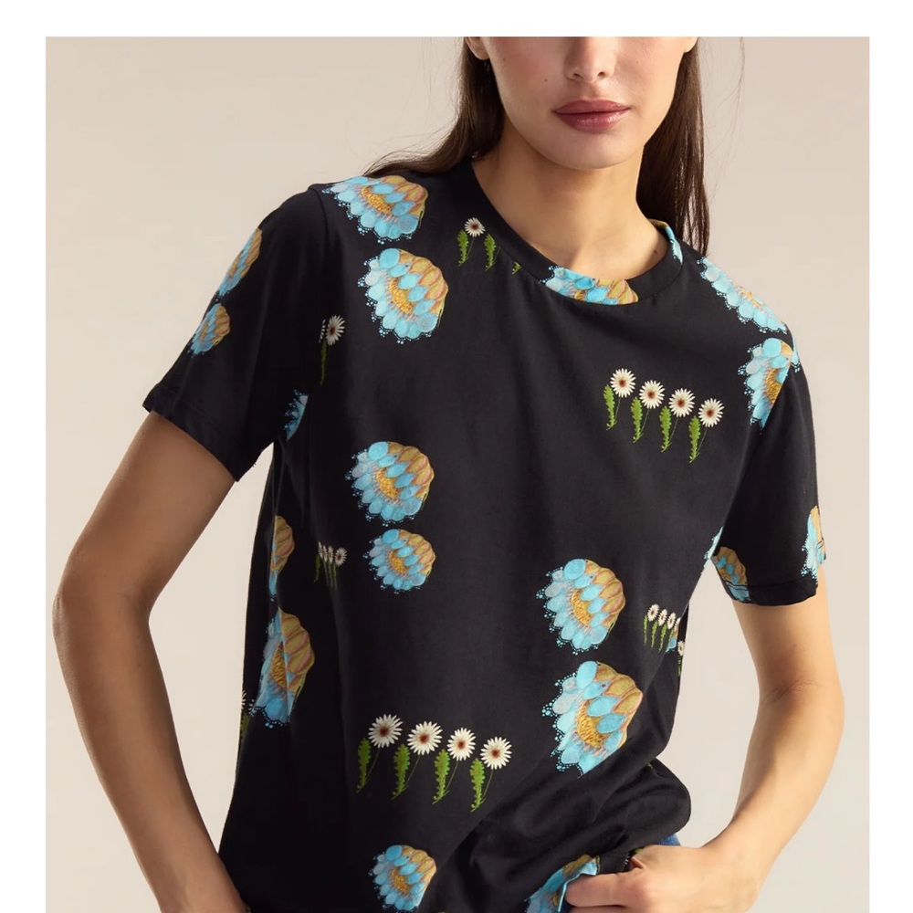 New Cynthia Rowley - Everyday Cotton Tee - Floral Print Black T-Shirt